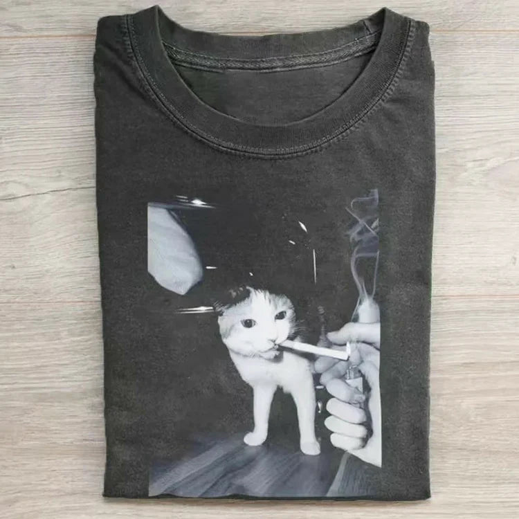 Retro Smoking Cat Meme Pattern T-shirt